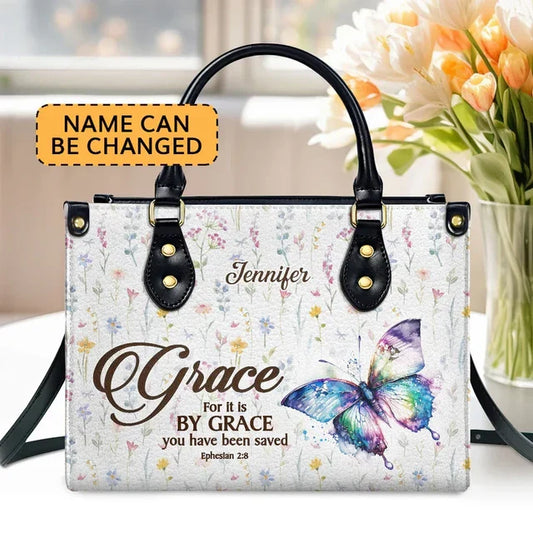 For It Is By Grace You Have Been Saved Leather Handbag