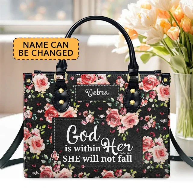 God Is Within Her, She Will Not Fall Leather Handbag